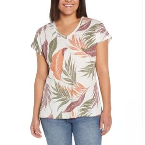 Orvis Top Tropical Leaf Print Linen Blend Women's  Size XL Short Sleeve T-shirt